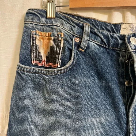 Free People Rocky Mountain Straight Leg Alpine Blue  &amp; Patch Frayed Hem Jeans 30
