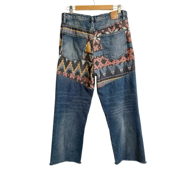 Free People Rocky Mountain Straight Leg Alpine Blue  &amp; Patch Frayed Hem Jeans 30