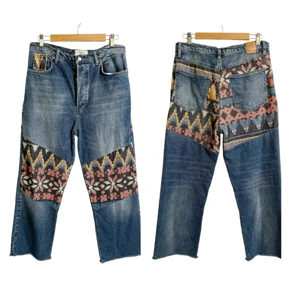 Free People Rocky Mountain Straight Leg Alpine Blue  &amp; Patch Frayed Hem Jeans 30