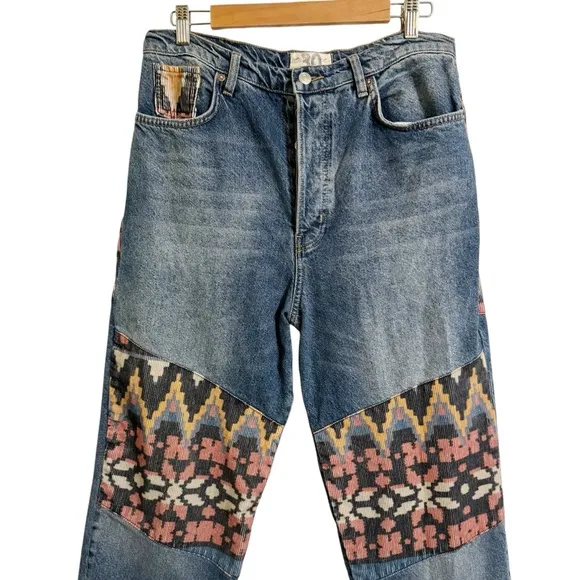 Free People Rocky Mountain Straight Leg Alpine Blue  &amp; Patch Frayed Hem Jeans 30