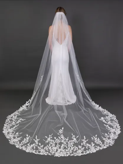 Glistening Lace Petal & Leaf Appliqués 108" Cathedral Veil