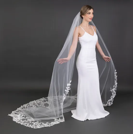 Glistening Lace Petal & Leaf Appliqués 108" Cathedral Veil