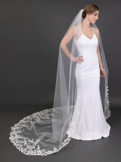 Glistening Lace Petal & Leaf Appliqués 108" Cathedral Veil