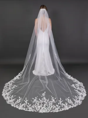 Glistening Lace Petal & Leaf Appliqués 108" Cathedral Veil