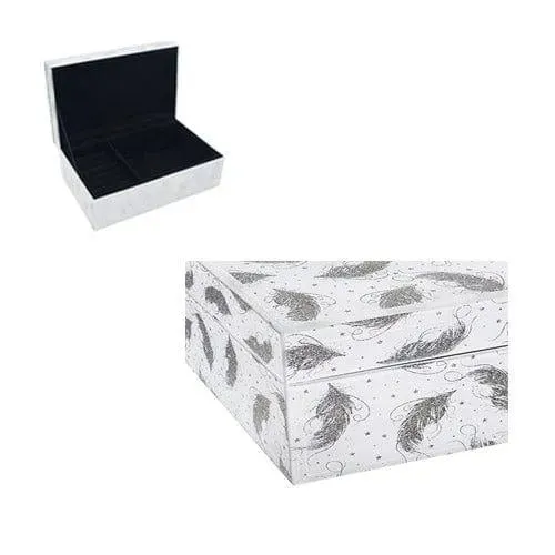 Glitter Feather Jewellery Box White and Silver