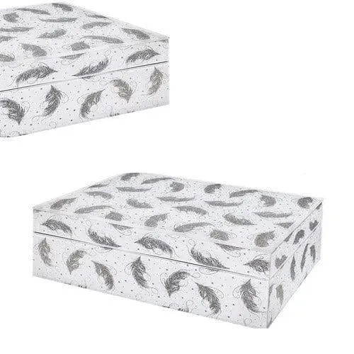 Glitter Feather Jewellery Box White and Silver