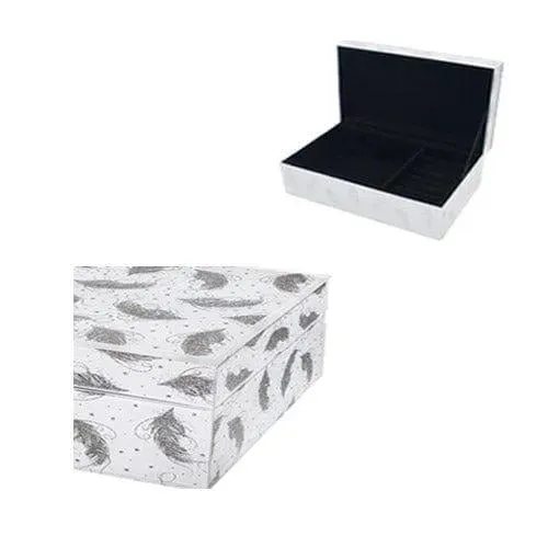 Glitter Feather Jewellery Box White and Silver
