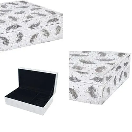 Glitter Feather Jewellery Box White and Silver