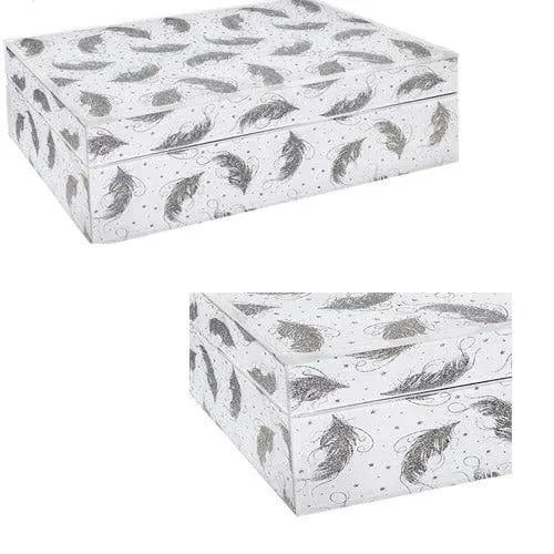Glitter Feather Jewellery Box White and Silver