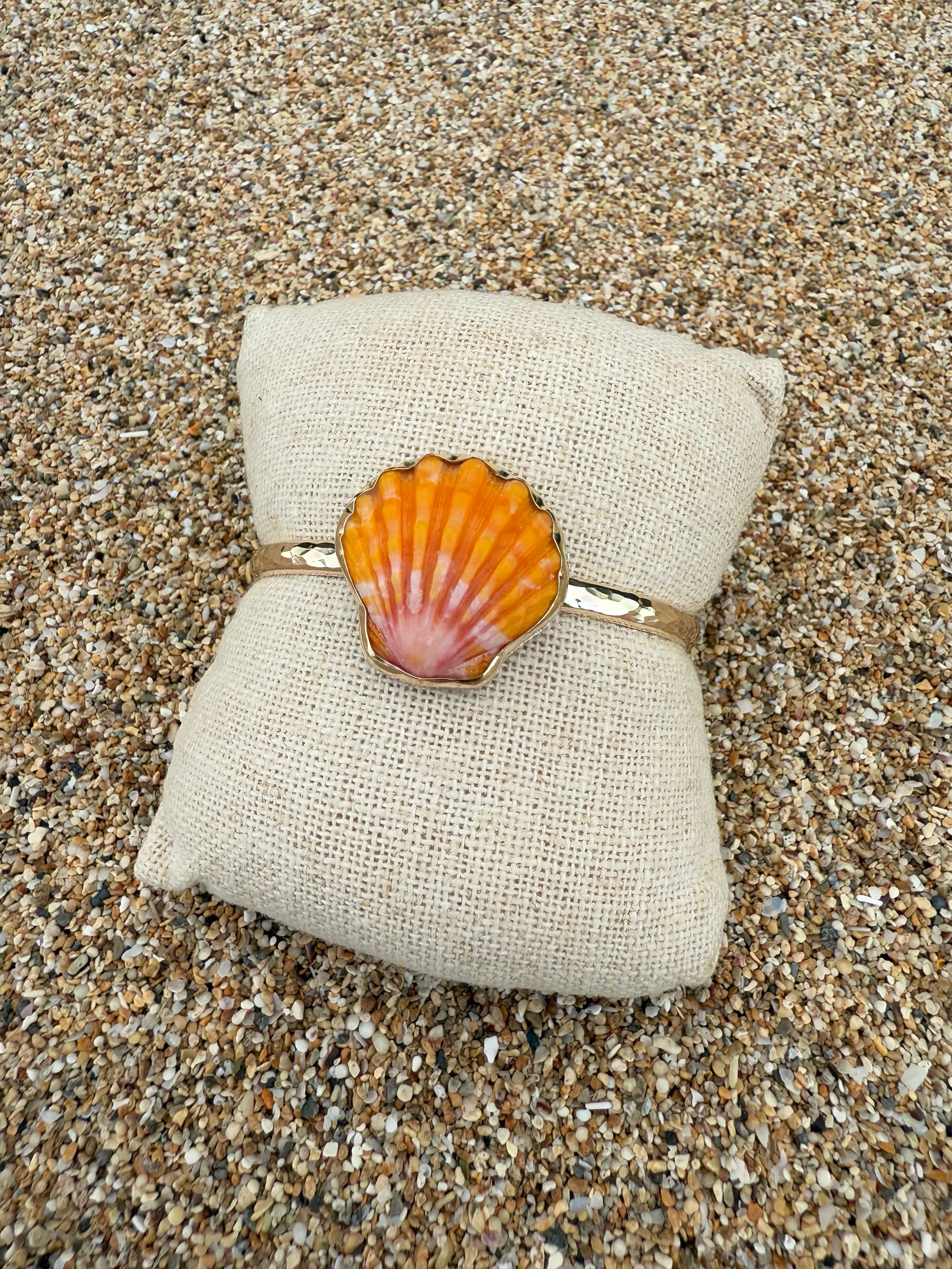 Gold Orange Sunrise Shell Thick Cuff Bracelet