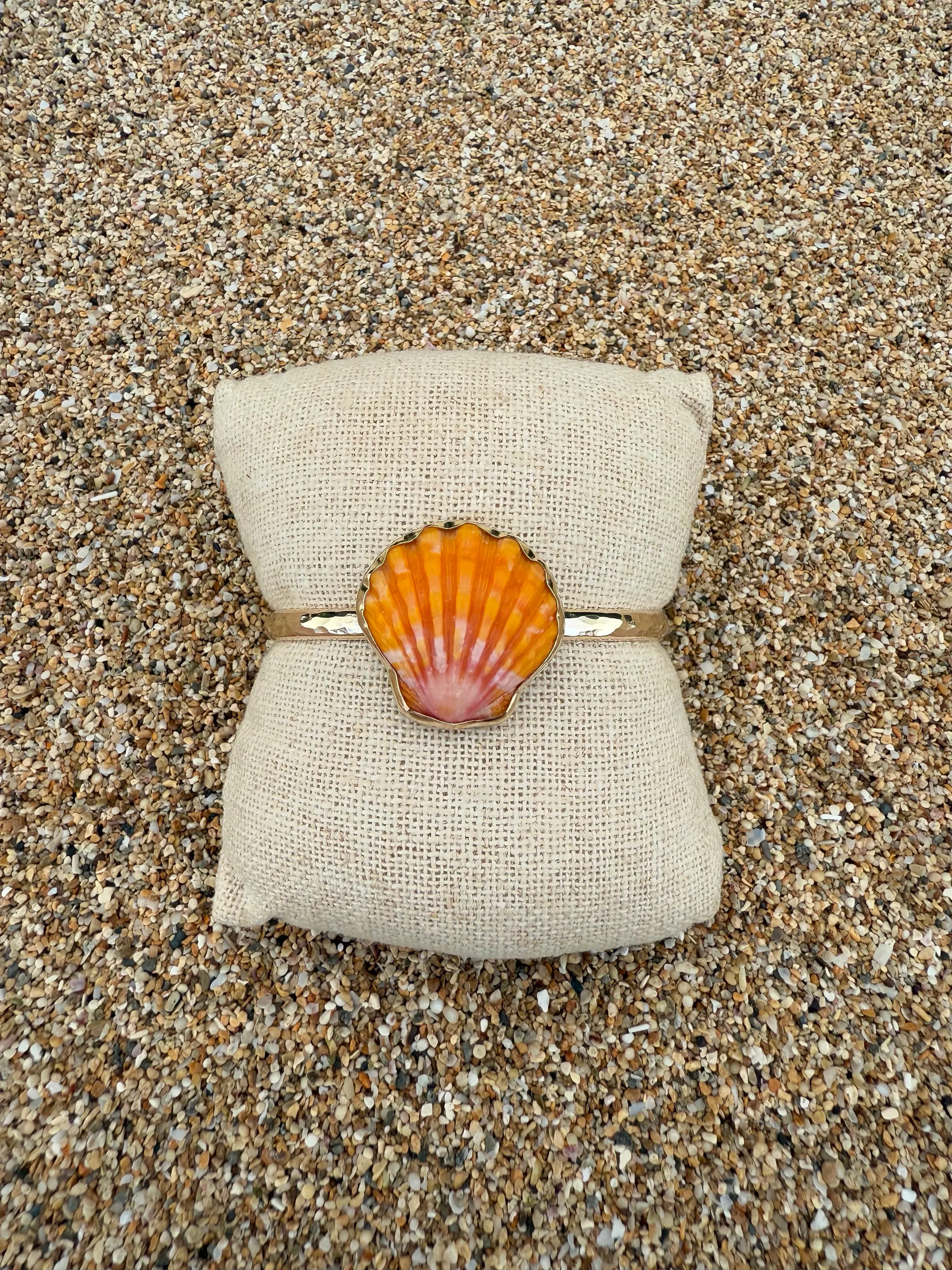 Gold Orange Sunrise Shell Thick Cuff Bracelet