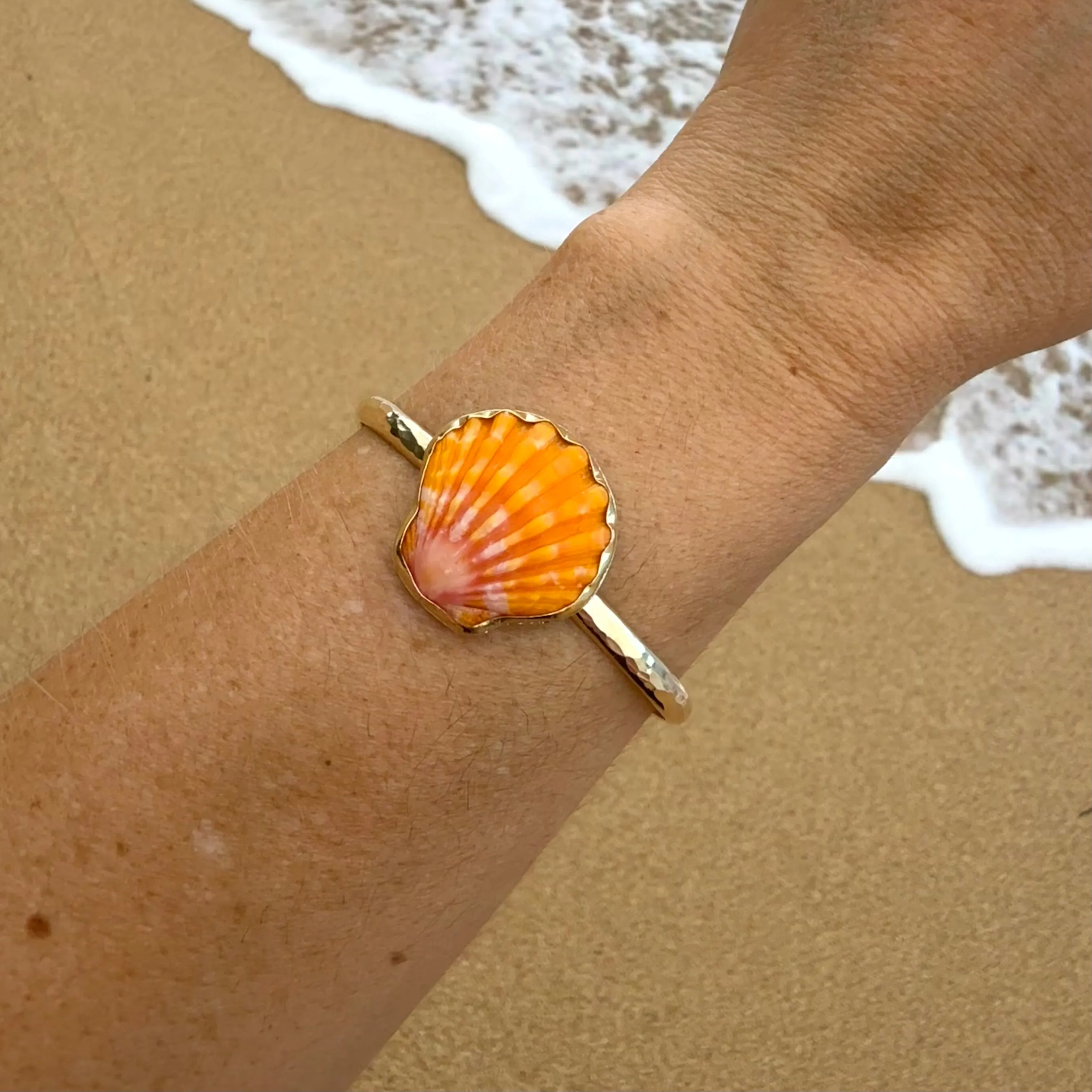 Gold Orange Sunrise Shell Thick Cuff Bracelet