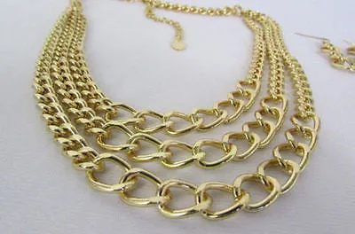 Gold Short Metal Chunky Thick 3 Chains Necklace Earrings Set