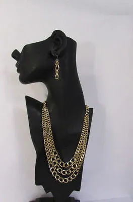 Gold Short Metal Chunky Thick 3 Chains Necklace Earrings Set