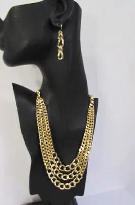 Gold Short Metal Chunky Thick 3 Chains Necklace Earrings Set
