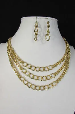 Gold Short Metal Chunky Thick 3 Chains Necklace Earrings Set