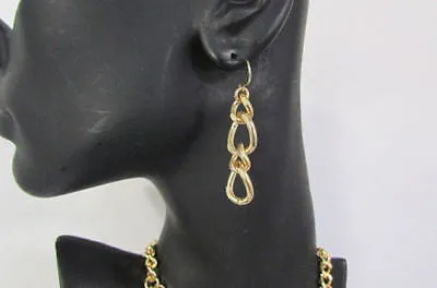 Gold Short Metal Chunky Thick 3 Chains Necklace Earrings Set