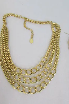 Gold Short Metal Chunky Thick 3 Chains Necklace Earrings Set