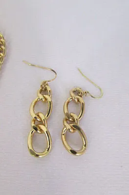 Gold Short Metal Chunky Thick 3 Chains Necklace Earrings Set