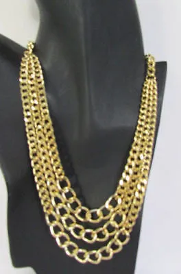 Gold Short Metal Chunky Thick 3 Chains Necklace Earrings Set