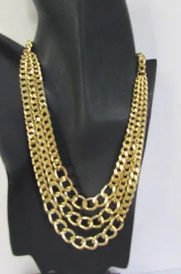 Gold Short Metal Chunky Thick 3 Chains Necklace Earrings Set