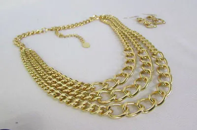 Gold Short Metal Chunky Thick 3 Chains Necklace Earrings Set