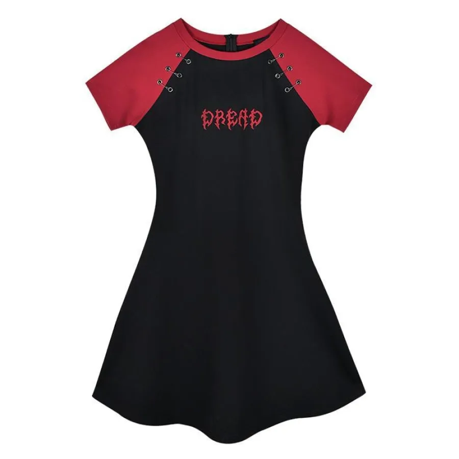 Gothic Letter Embroidery Color Block A-Line T-Shirt Dress J20055