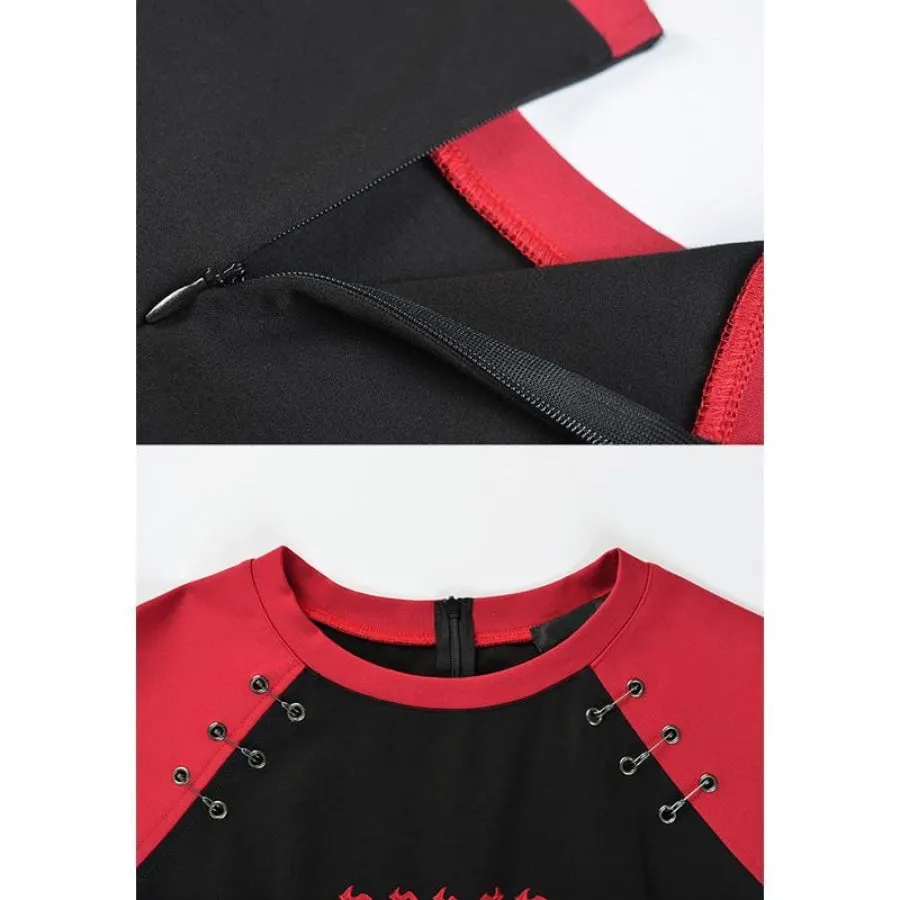 Gothic Letter Embroidery Color Block A-Line T-Shirt Dress J20055