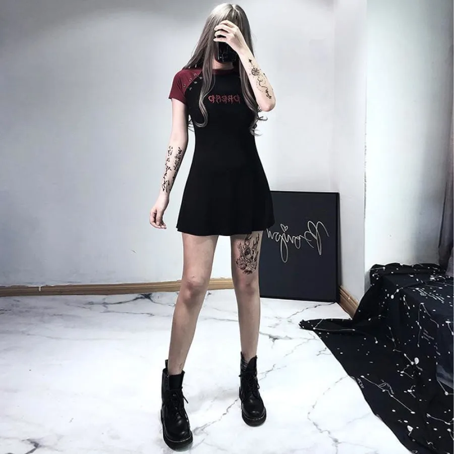 Gothic Letter Embroidery Color Block A-Line T-Shirt Dress J20055