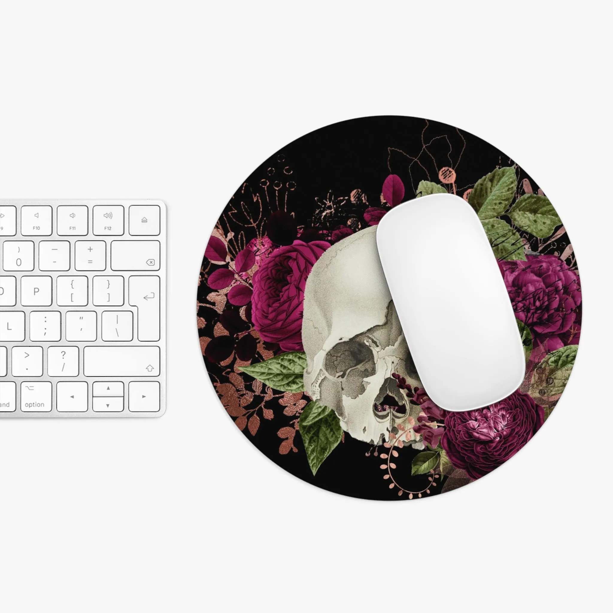 Gothic Skull and Violet Flowers Mouse Pad (Round or Rectangle) Cute Floral Office Accessories