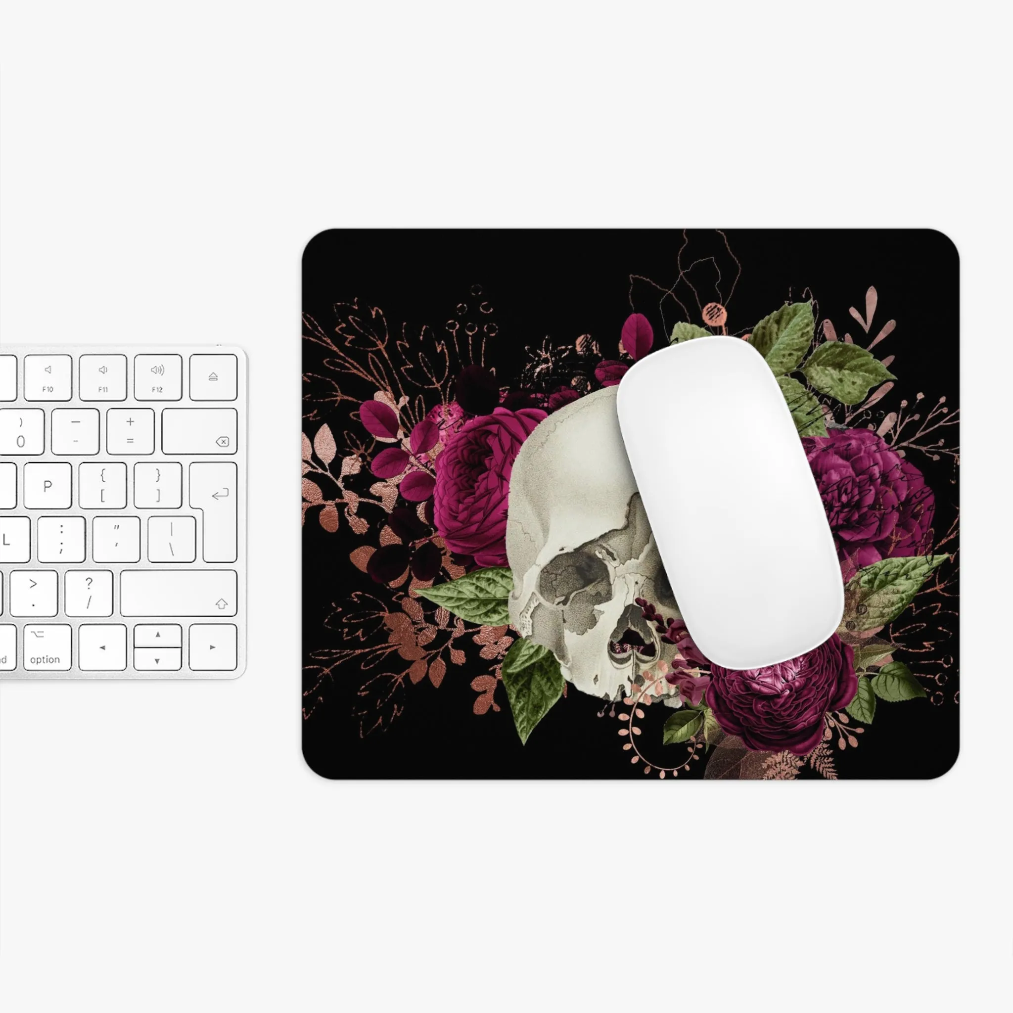 Gothic Skull and Violet Flowers Mouse Pad (Round or Rectangle) Cute Floral Office Accessories