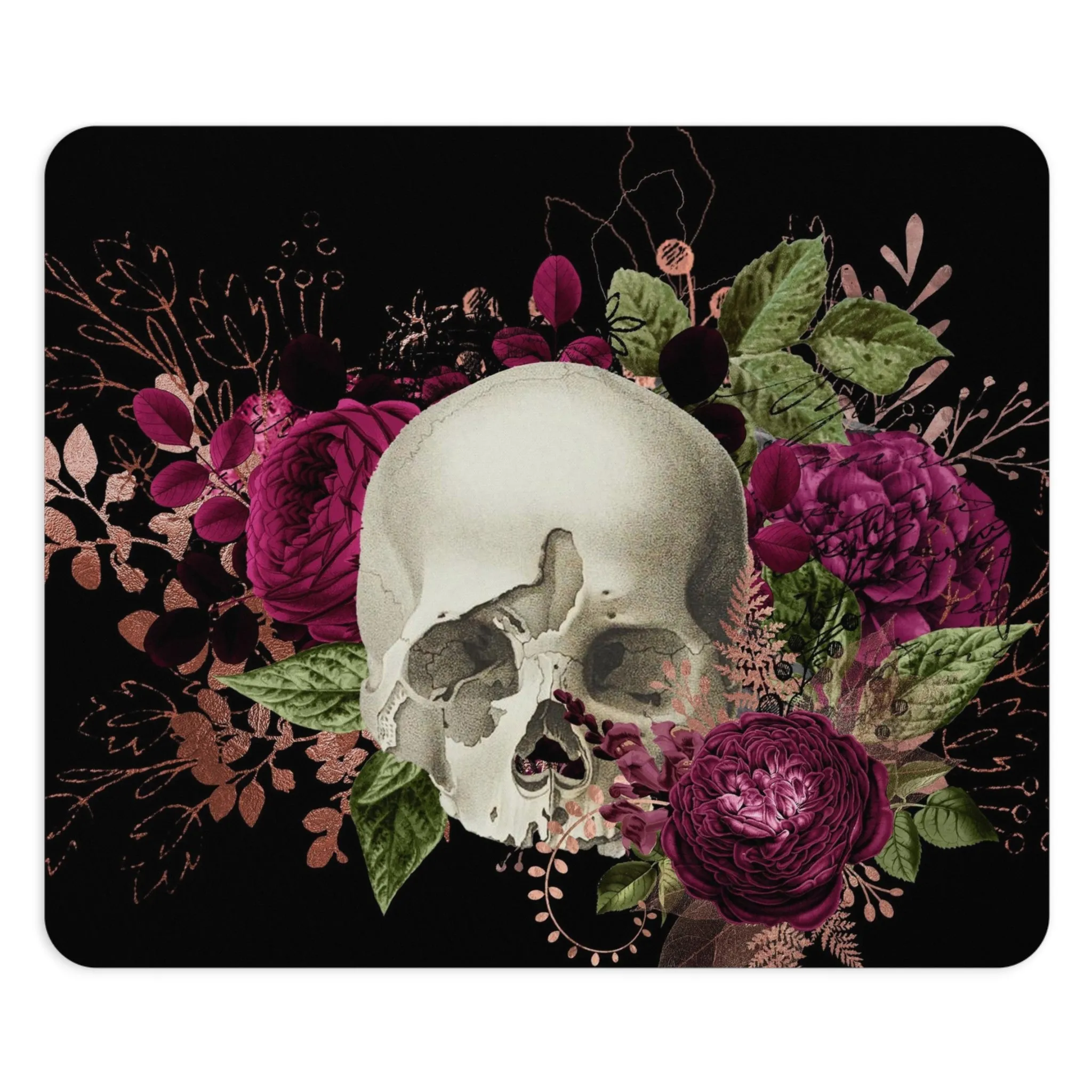 Gothic Skull and Violet Flowers Mouse Pad (Round or Rectangle) Cute Floral Office Accessories