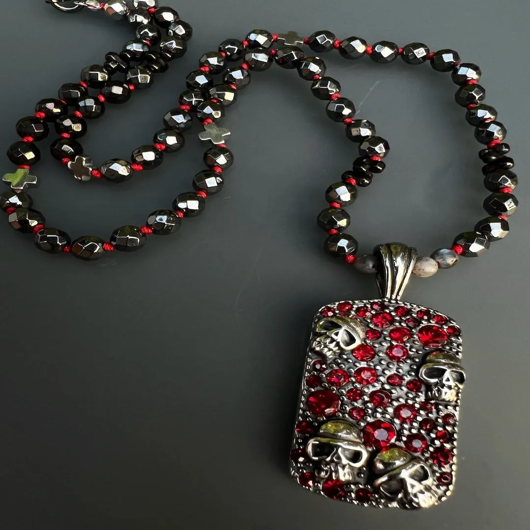 Gothic Skull Pendant Hematite Stone Beaded Necklace