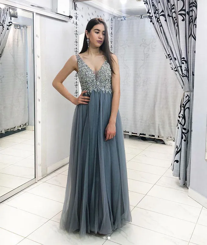 Gray v neck tulle beads sequin long prom dress, gray evening dress
