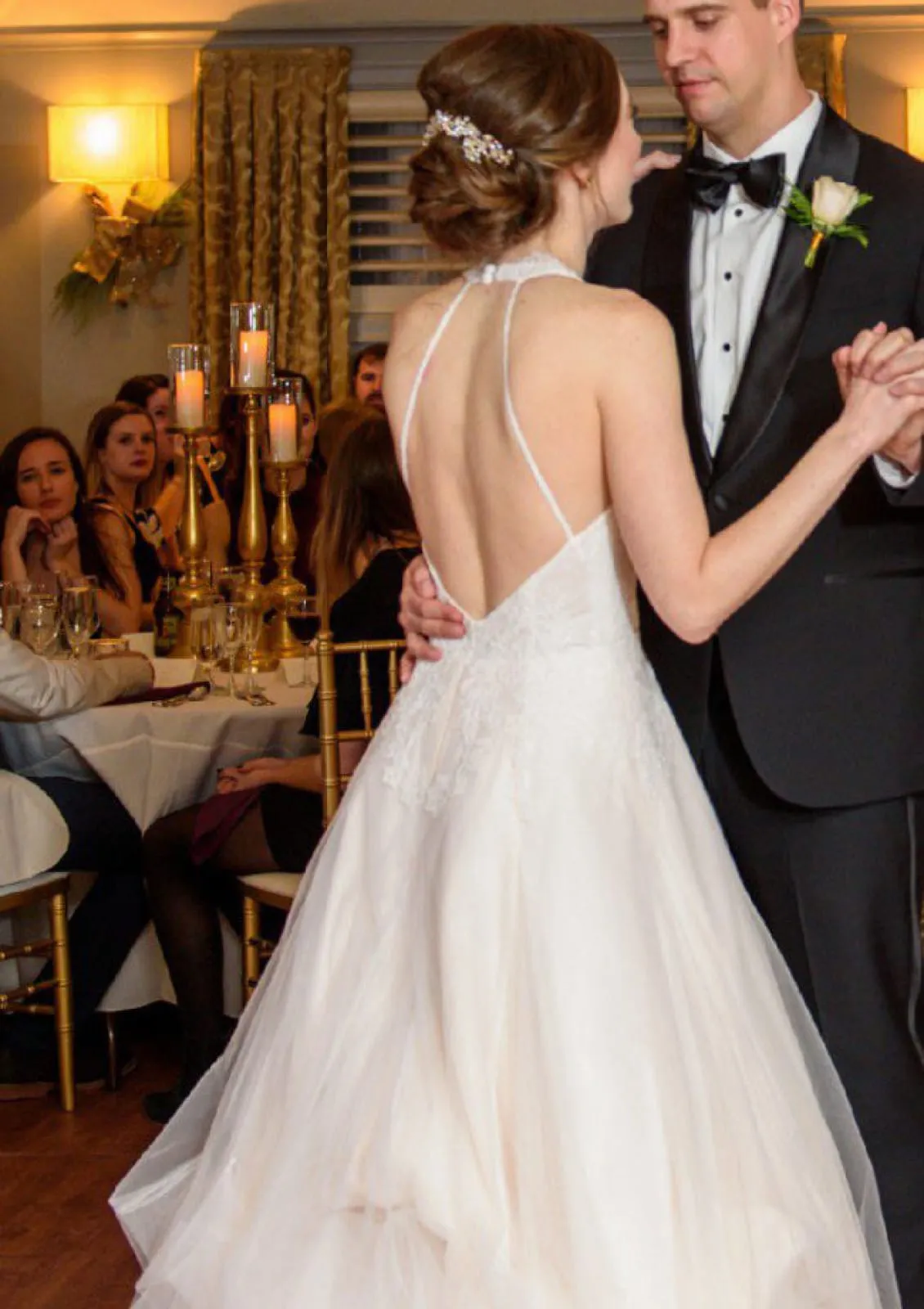Halter Open Back Sleeveless A-line Court Tulle Wedding Dress, Lace