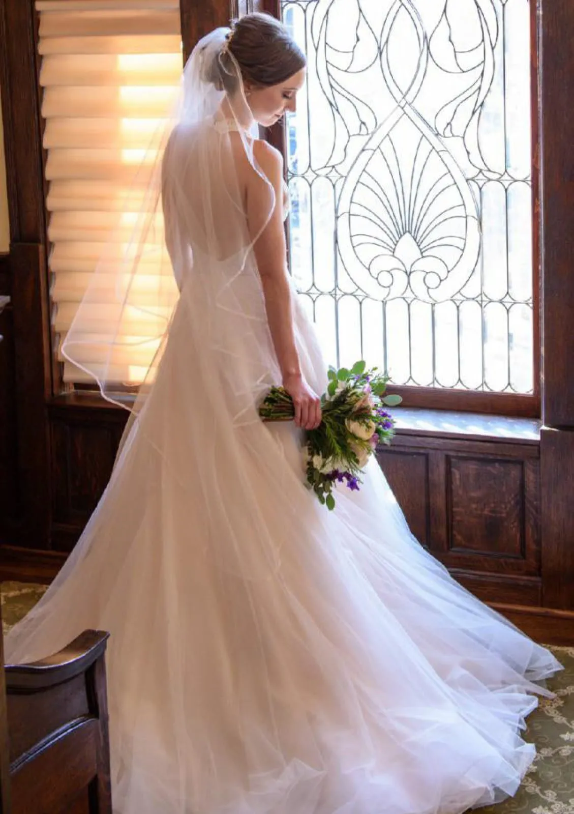 Halter Open Back Sleeveless A-line Court Tulle Wedding Dress, Lace