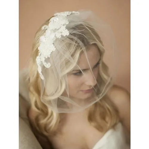 Handmade Headband with Ivory European Lace Applique & Petite Veil