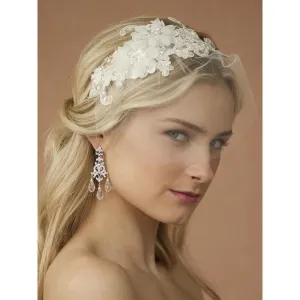 Handmade Headband with Ivory European Lace Applique & Petite Veil