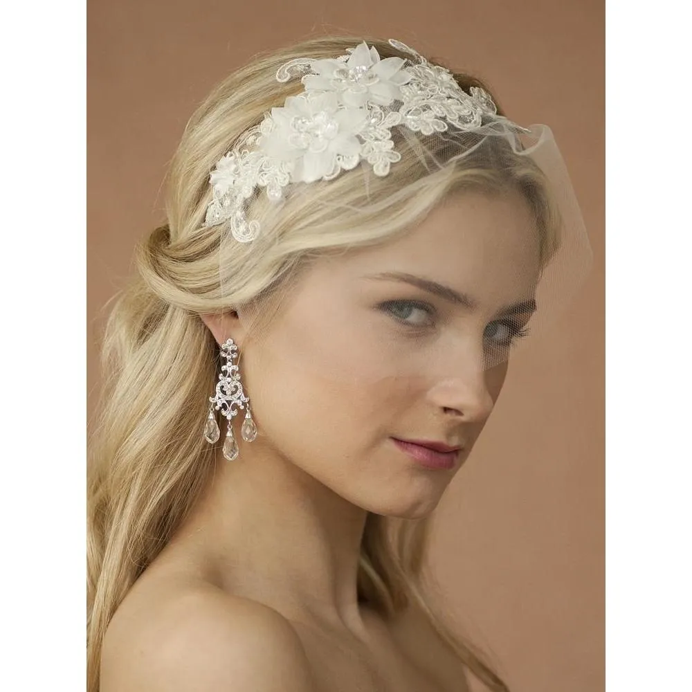 Handmade Headband with Ivory European Lace Applique & Petite Veil