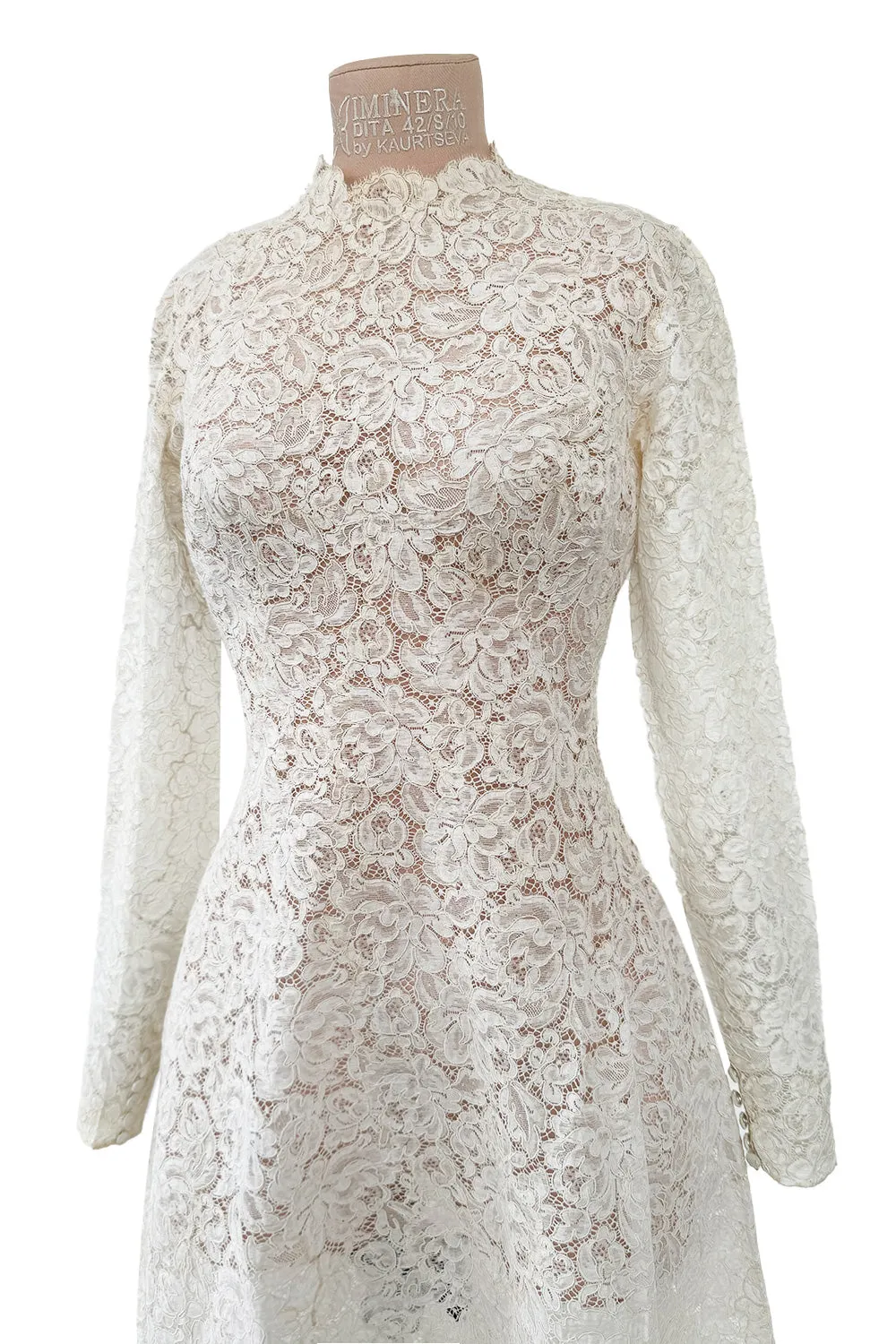 Heirloom 1950s Unlabeled Handmade Couture Lace Wedding Dress & Veil