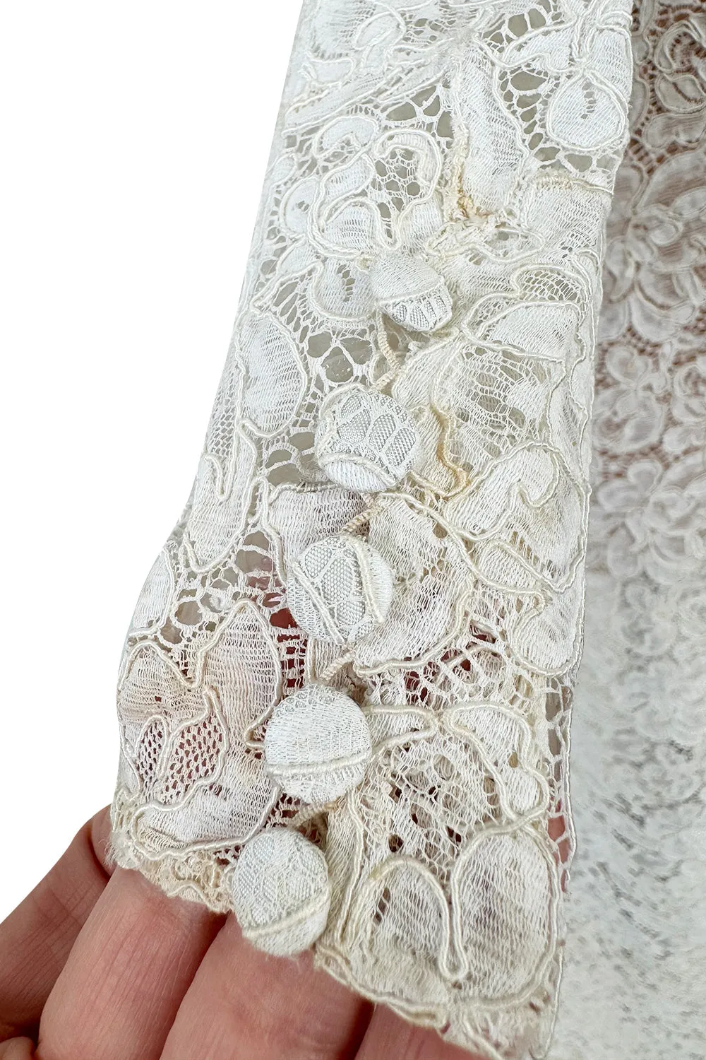 Heirloom 1950s Unlabeled Handmade Couture Lace Wedding Dress & Veil