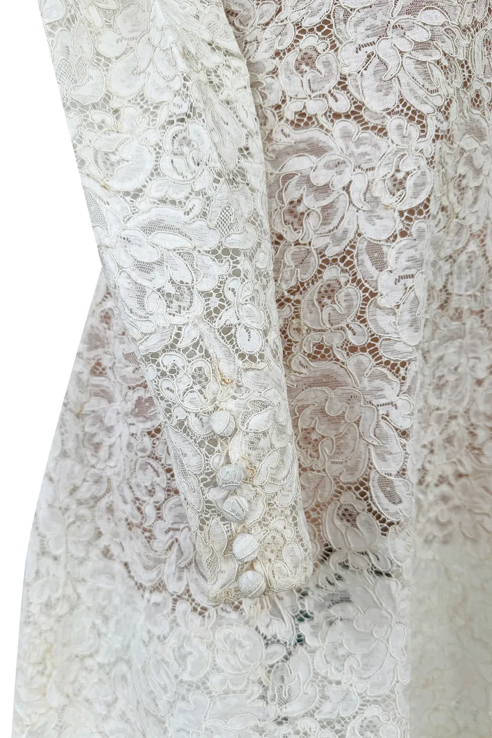 Heirloom 1950s Unlabeled Handmade Couture Lace Wedding Dress & Veil