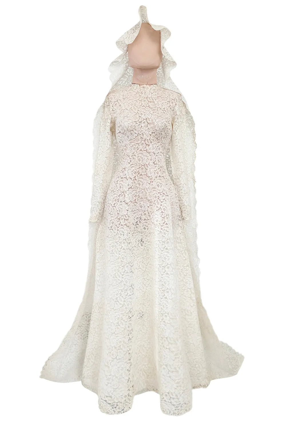 Heirloom 1950s Unlabeled Handmade Couture Lace Wedding Dress & Veil