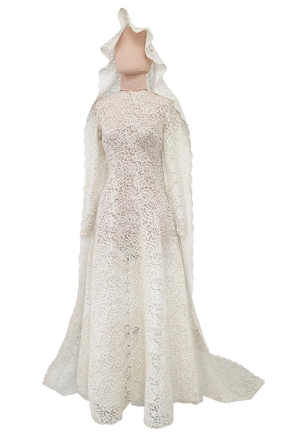 Heirloom 1950s Unlabeled Handmade Couture Lace Wedding Dress & Veil