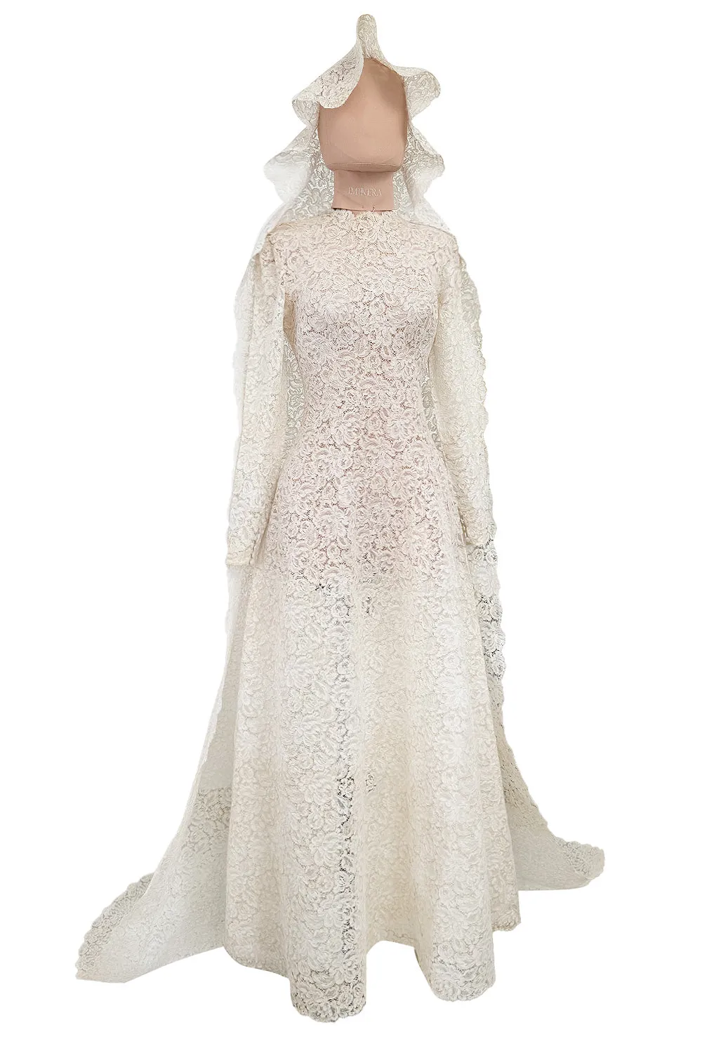 Heirloom 1950s Unlabeled Handmade Couture Lace Wedding Dress & Veil