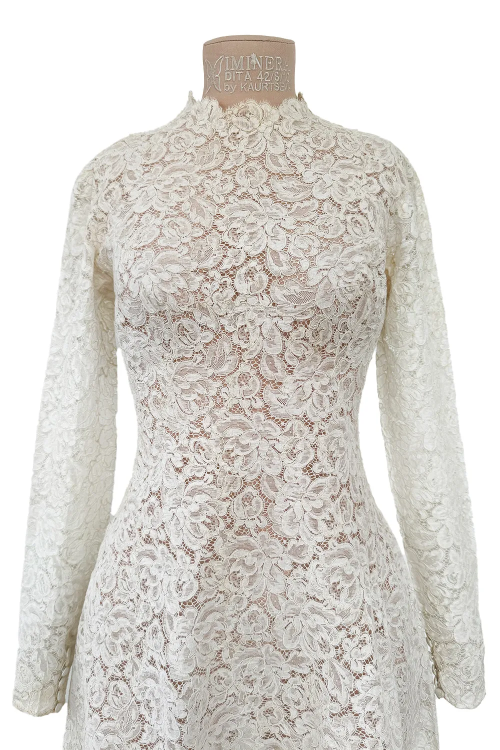 Heirloom 1950s Unlabeled Handmade Couture Lace Wedding Dress & Veil