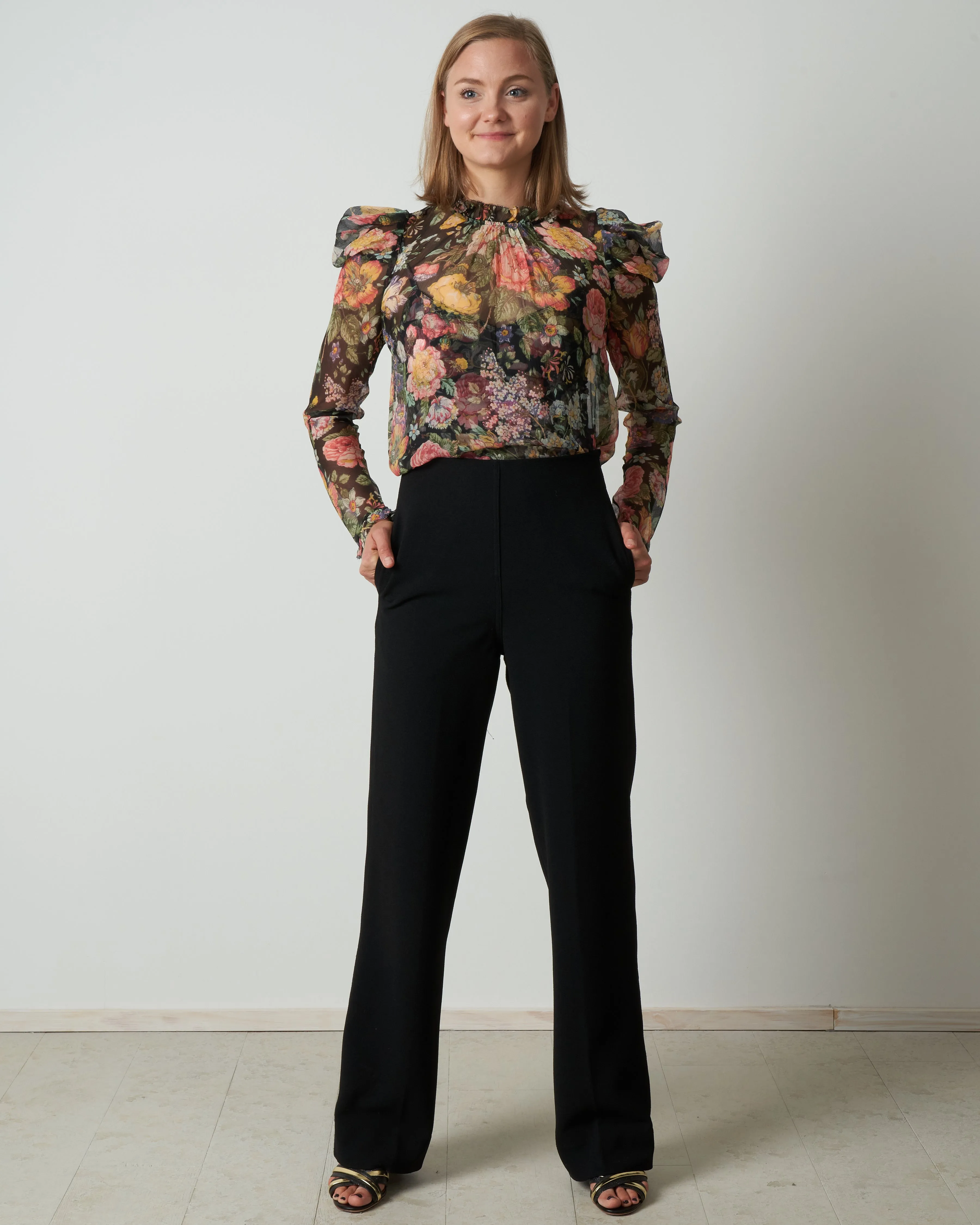 high waist crepe pant - black