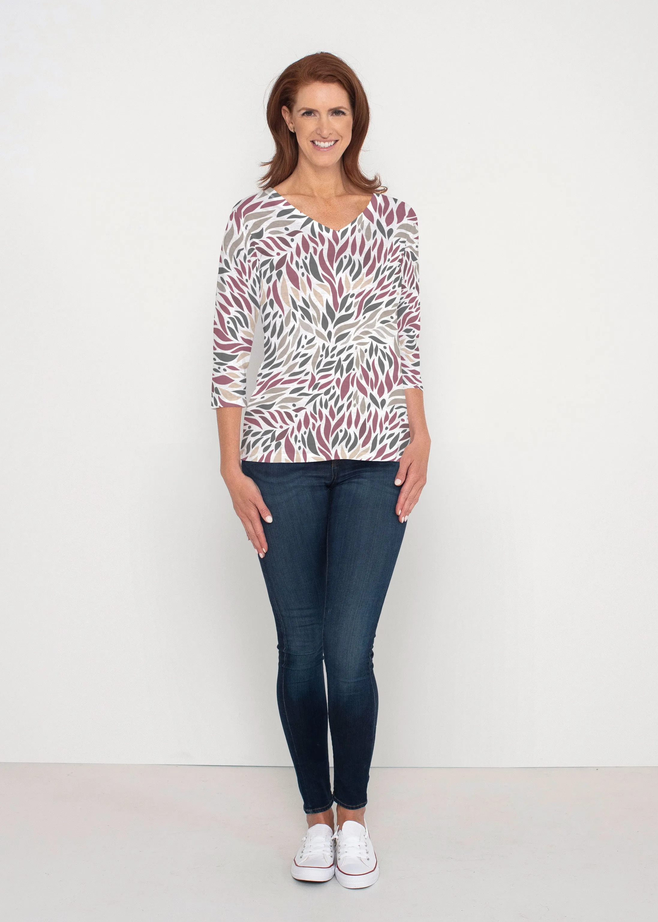 Hotsy Totsy Wine (8144) ~ Signature 3/4 Sleeve V-Neck Top