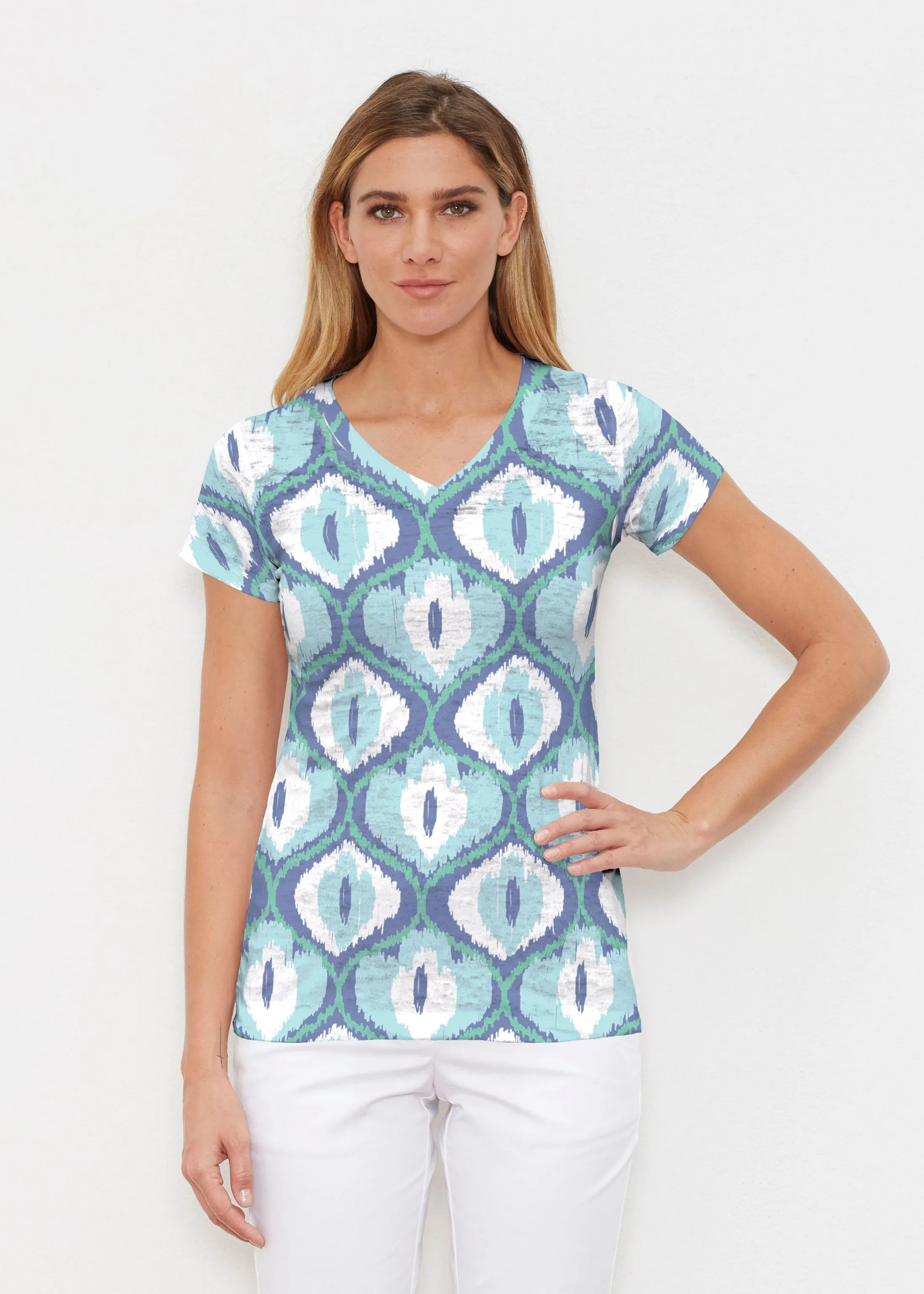 Ikat Buds Blue (8075) ~ Signature Cap Sleeve V-Neck Shirt