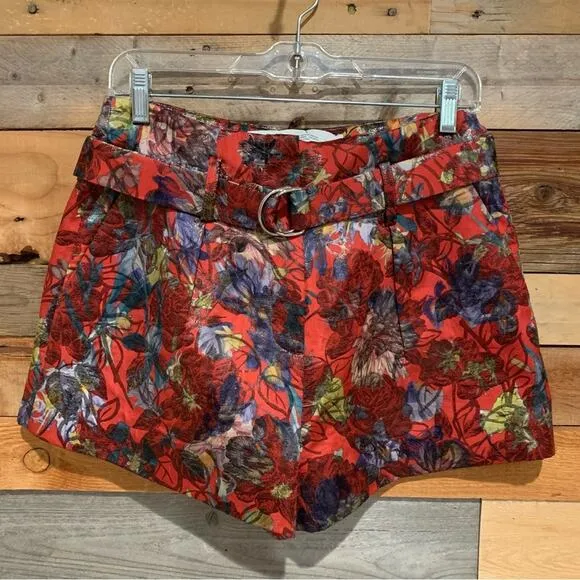 IRO Floral Belted Brocade Jacquard High-Rise Shorts Red/Multi Size 38 (6)